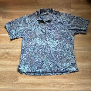 Vintage 80s/90s Malihini Made in Hawaii Blue Reverse Print Floral Leaves Aloha